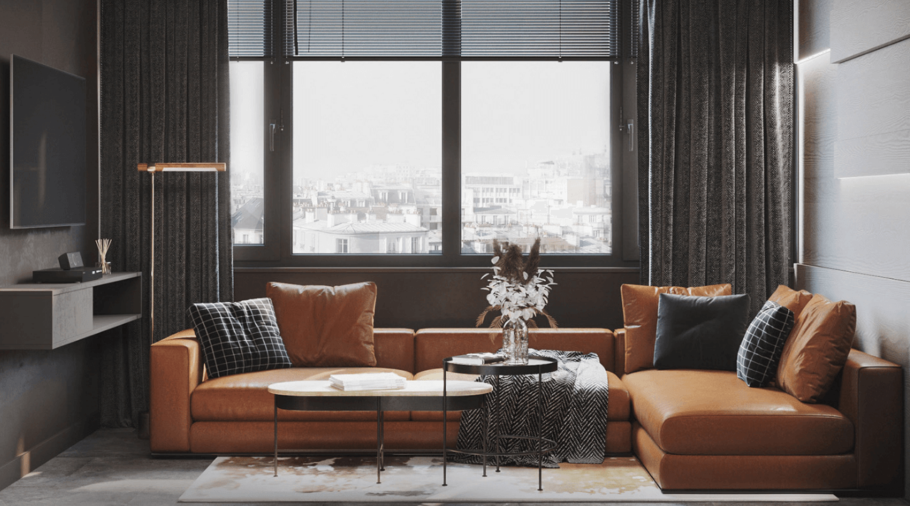 Bộ ghế sofa màu cam là điểm nhấn cho toàn bộ không gian phòng khách