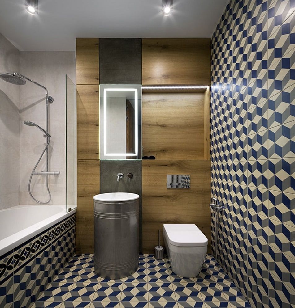 Phòng tắm thứ hai thiết kế ấn tượng với gạch lát họa tiết hình khối