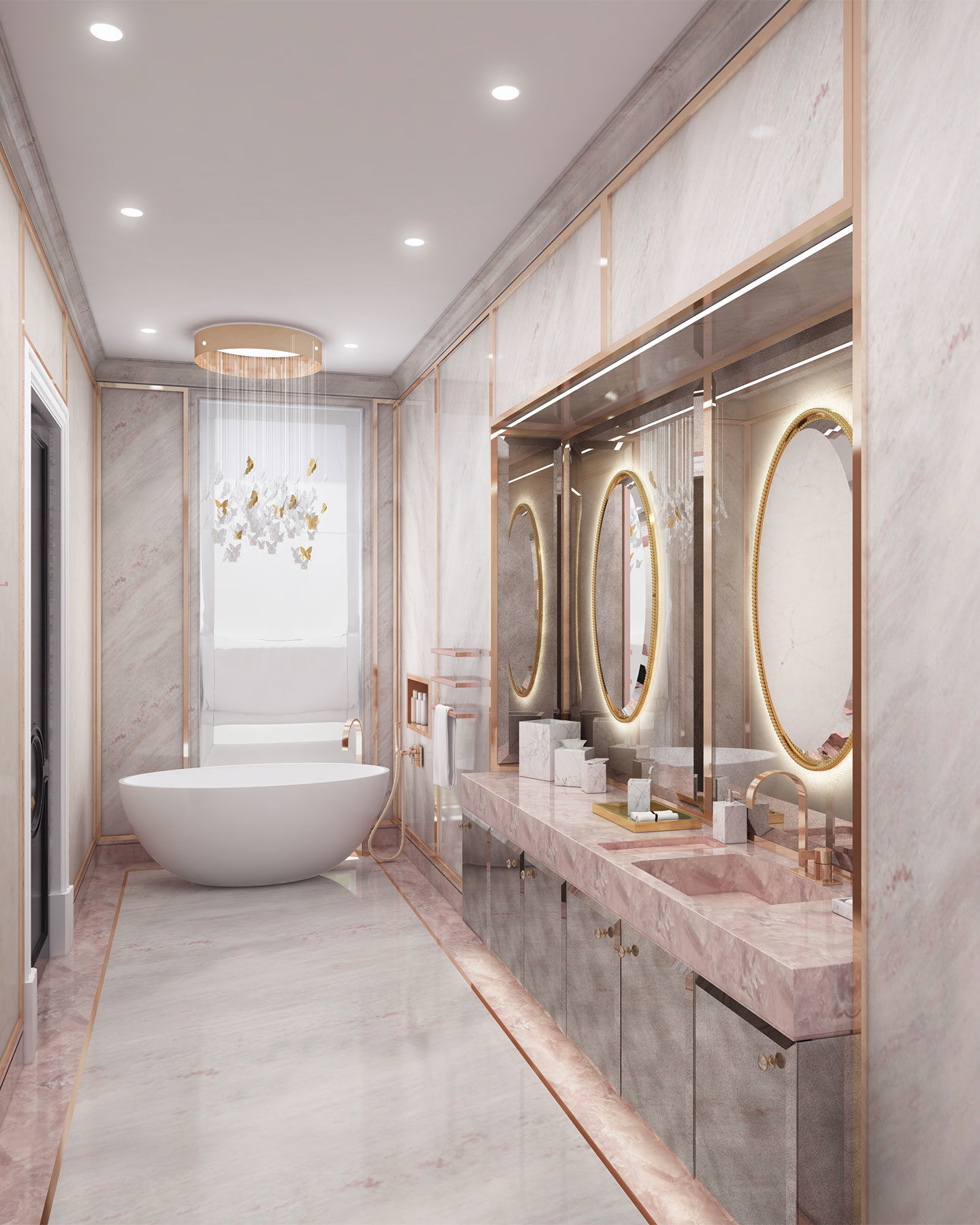 Phòng tắm bằng đá cẩm thạch bọc vàng tạo sự mới mẻ so với tường gạch truyền thống