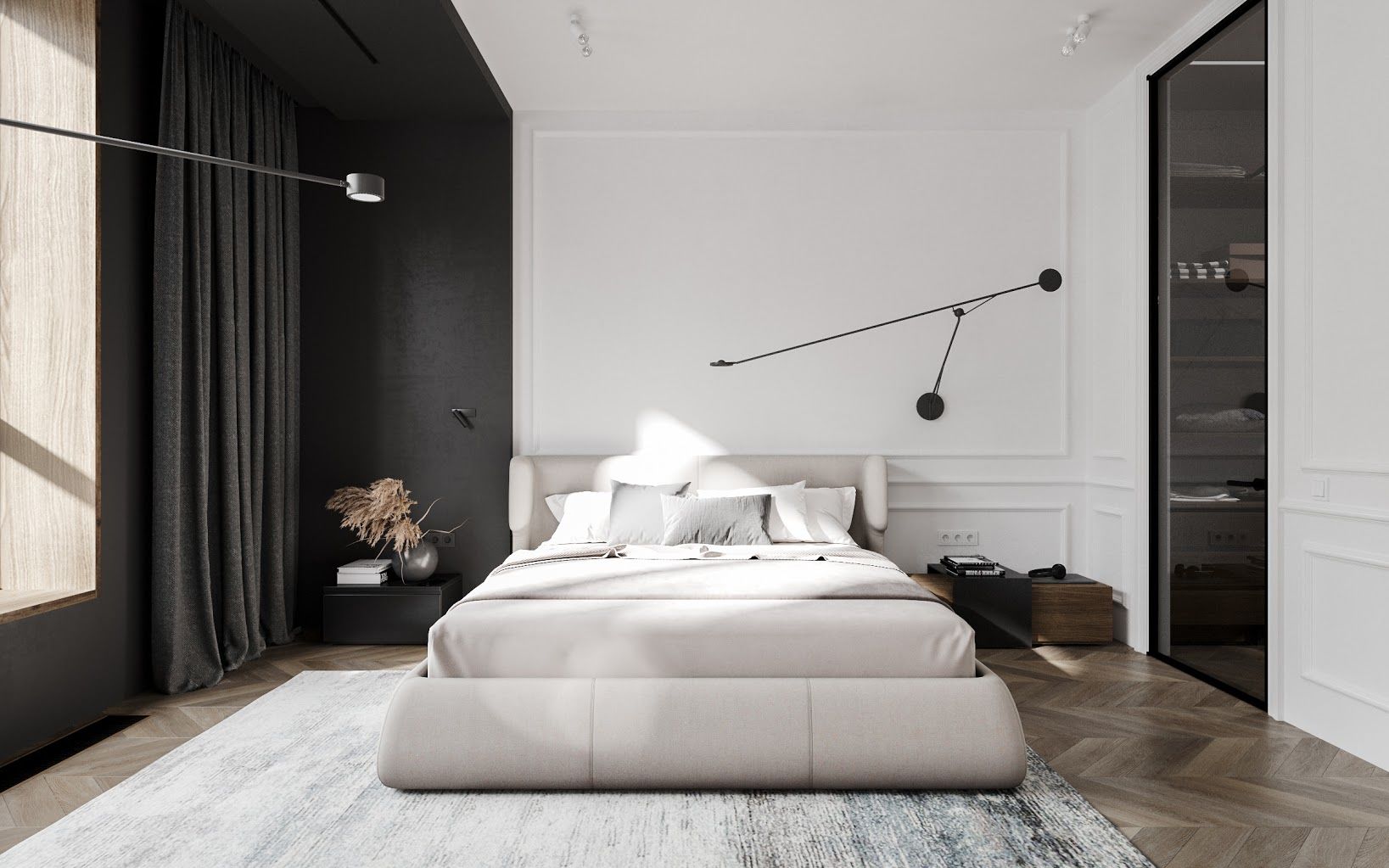 Phòng ngủ rộng rãi vẫn tông đen trắng và gỗ tự nhiên hòa hợp tổng thể